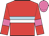 Red, light blue and white hoop, hot pink armlets, hot pink cap