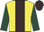 Yellow, brown stripe, dark green sleeves, brown cap