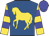Royal blue, gold horse, blue hoops on gold sleeves, blue cap