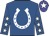 Royal blue, white horseshoe, white stars on sleeves, white star on blue cap