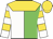 White and green halves, gold yoke, gold hoops on white sleeves, gold cap