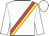 White, red and gold sash, red hoop on white sleeves, white cap