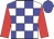 White , blue checked, red sleeves, blue cap