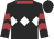 Black, white diamond hoop, scarlet collar, scarlet chevrons on sleeves