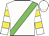 White, green sash, yellow hoops on sleeves