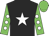 Black, white star, white dots on green sleeves, green cap