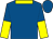 Royal blue, yellow collar, royal blue and yellow halved sleeves, royal blue cap with yellow visor