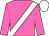 Hot pink, white sash, white band on sleeves, white cap