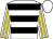 White, black hoops, gold stripes on white sleeves, white cap