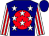 Navy, red ball, white stars, red stripes on white sleeves, navy cap