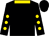 Black, gold collar, gold dots on sleeves, black cap