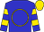 Blue, gold circle, gold hoops on sleeves, gold cap
