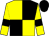 Yellow and black quartered, yellow sleeves, black armlets, black cap