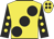 Yellow, large black spots, black sleeves, yellow spots, yellow cap, black spots