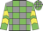 Green, grey blocks, yellow chevrons on sleeves