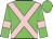 Green, pink cross sashes, pink bars on green slvs
