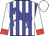 White, blue horse, blue stripes, red cuffs on sleeves, white cap