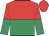 red and emerald green halved horizontally, red and emerald green halved sleeves, red cap