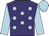 purple, light blue spots, light blue sleeves and cap