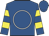 Royal blue, white circle, yellow hoops on sleeves
