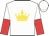 White, gold crown, white and red halved sleeves, white cap