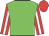 Green, red apple on white ball, white stripe on red sleeves, red cap