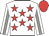 White, red stars, grey stripe on sleeves, red cap