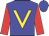 Blue, gold 'v', red sleeves, blue cap