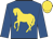 Royal blue, gold horse, gold cap