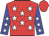 Red, white stars, white stars on blue sleeves, red cap