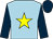Light blue, yellow star, yellow hoop on dark blue sleeves, dark blue cap