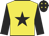 Yellow, black star, black sleeves, black cap, yellow stars