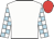 White, light blue blocks on sleeves, red cap