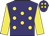 Purple, yellow spots, yellow sleeves, purple cap, yellow spots