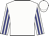 White, blue circle 'blue ridge racing bb', blue stripes on sleeves