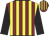 Maroon, yellow stripes, black sleeves