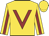 Gold, burgundy 'v', burgundy stripe on sleeves