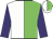 White/green halves, multi colored triangle on front & a sleeve, one purple sleeve