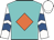 Turquoise, orange diamond, royal blue chevrons on white sleeves, white cap