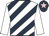 white, dark blue diagonal stripes, white sleeves, dark blue cap, pink star