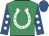 emerald green, white horseshoe, royal blue sleeves, white spots, royal blue cap