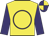 Yellow, purple circle, purple sleeves, two yellow hoops, purple and yellow quartered cap