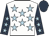 White, light blue stars, dark blue sleeves, light blue stars, dark blue cap