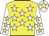 Yellow, white stars, white sleeves, yellow stars, white cap, yellow star