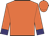 Orange, purple circle 'kj' on back, purple cuffs on sleeves
