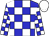 blue and white checked, white cap