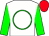 White, green circle, green sleeves, red cap