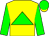 Yellow, green triangle, green sleeves, green cap, yellow visor