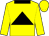 Neon yellow, black triangle and collar, two black hoops on sleeves, yellow cap