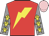 Red, yellow lightning bolt, yellow diamonds on grey sleeves, yellow stars, pink cap
